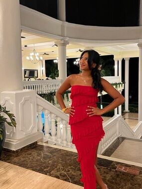 strapless open back dress Red Strapless Mini Dress With 3D Rose Detail
